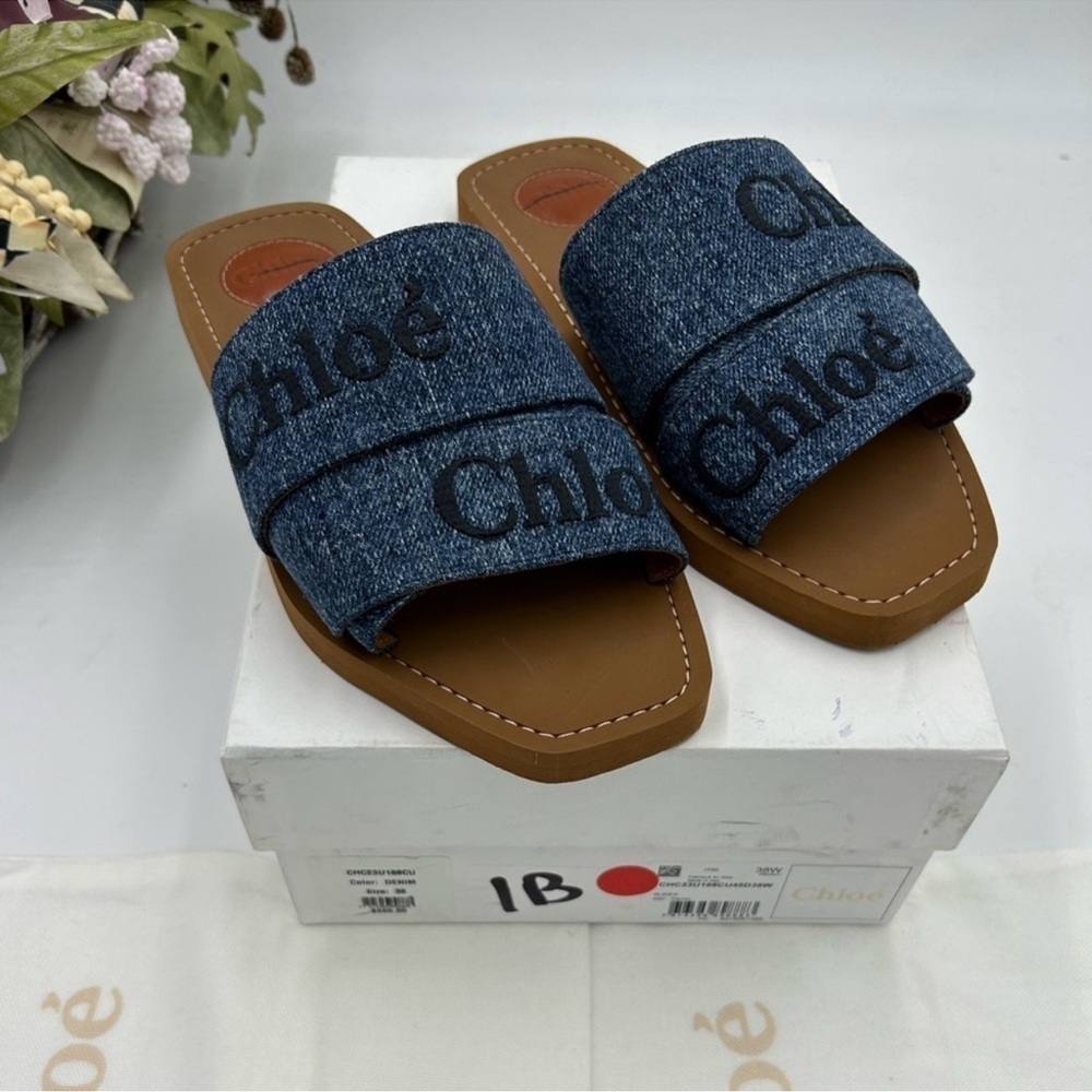 Women's Chloe Woody Logo Embroidered Denim Sandals Size 38 Made In